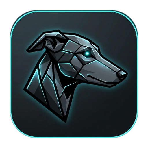 MylesAI.ca mark: a geometric greyhound head with a glowing eye, in a lit frame